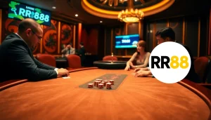 Engaged players at a luxurious RR88 poker table, highlighting the excitement of casino gambling.