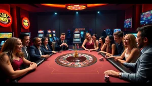 SODO Casino players engaging at a luxurious casino table with poker chips and slot machines.