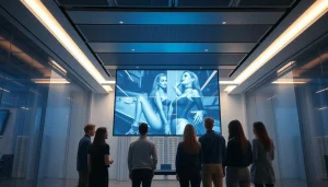 AI NSFW image generator shown in a sleek office with diverse users engaged in creative interaction.