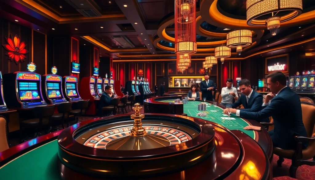 Gambling scene showcasing players engaged at https://bet88.limited/ roulette and slot machines in a vibrant casino atmosphere.