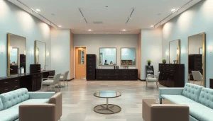 Omnia Salon interior showcasing modern elegance with Aveda products and styling stations