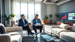 Engaging scene at globalwealthscope.com showcasing a professional financial advisor in a modern office environment.