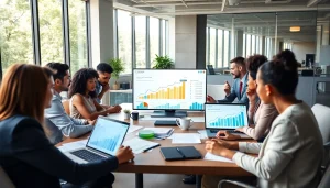 Visualizing business growth insights with a diverse team analyzing data during a meeting.