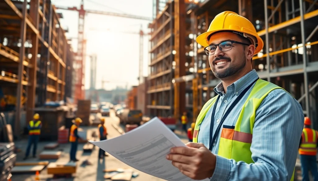 New Jersey Construction Manager leading a construction site with blueprints and workers.