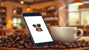 스타벅스 모바일쿠폰으로 편리하게 음료를 즐기는 모습. 커피와 모바일 화면이 조화롭습니다.