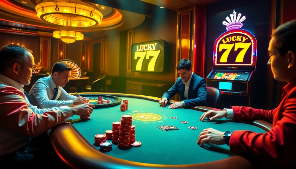 Experience thrilling gameplay at seven 77 casino tables filled with poker chips and vibrant slot machines.