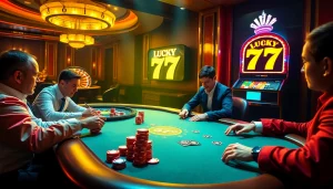 Experience thrilling gameplay at seven 77 casino tables filled with poker chips and vibrant slot machines.