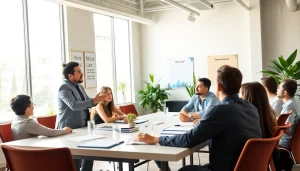 Engaged business coach los Angeles leading a workshop in a vibrant office environment.