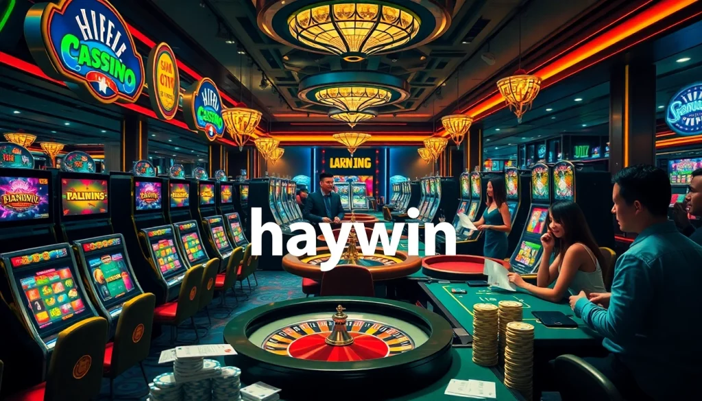 Players enjoying a vibrant casino atmosphere at haywin with slot machines and poker tables.