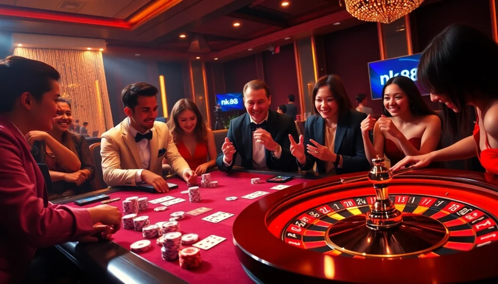 Exciting gaming table scene showcasing nk88 poker chips and roulette wheel action.