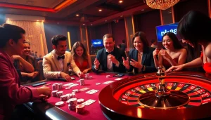 Exciting gaming table scene showcasing nk88 poker chips and roulette wheel action.