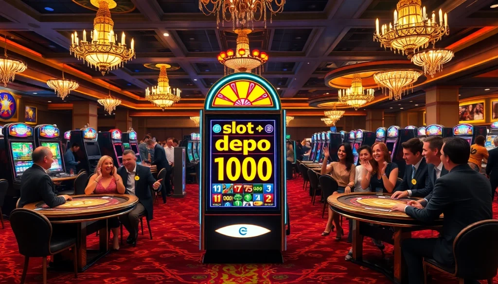 Players enjoying exciting gambling action at a slot depo 1000 machine, celebrating wins.