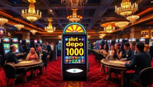 Players enjoying exciting gambling action at a slot depo 1000 machine, celebrating wins.