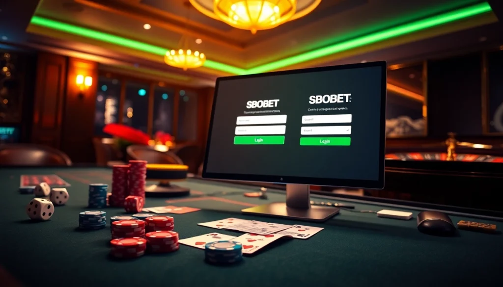 SBOBET login terbaru interface displayed on a sleek device within an elegant casino environment.