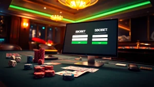SBOBET login terbaru interface displayed on a sleek device within an elegant casino environment.
