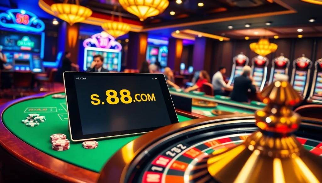 Gamblers enjoying the S8.COM experience with vibrant casino tables and lively slot machines.