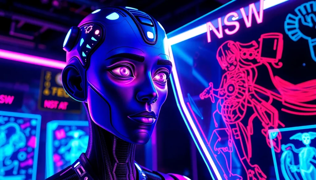 AI NSFW avatar interacting with holographic art in a vibrant cyberpunk scene.