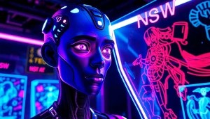 AI NSFW avatar interacting with holographic art in a vibrant cyberpunk scene.