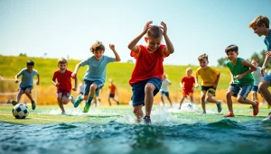 Excited boys participating in Multi Sports Camps for Boys featuring soccer, basketball, and swimming.