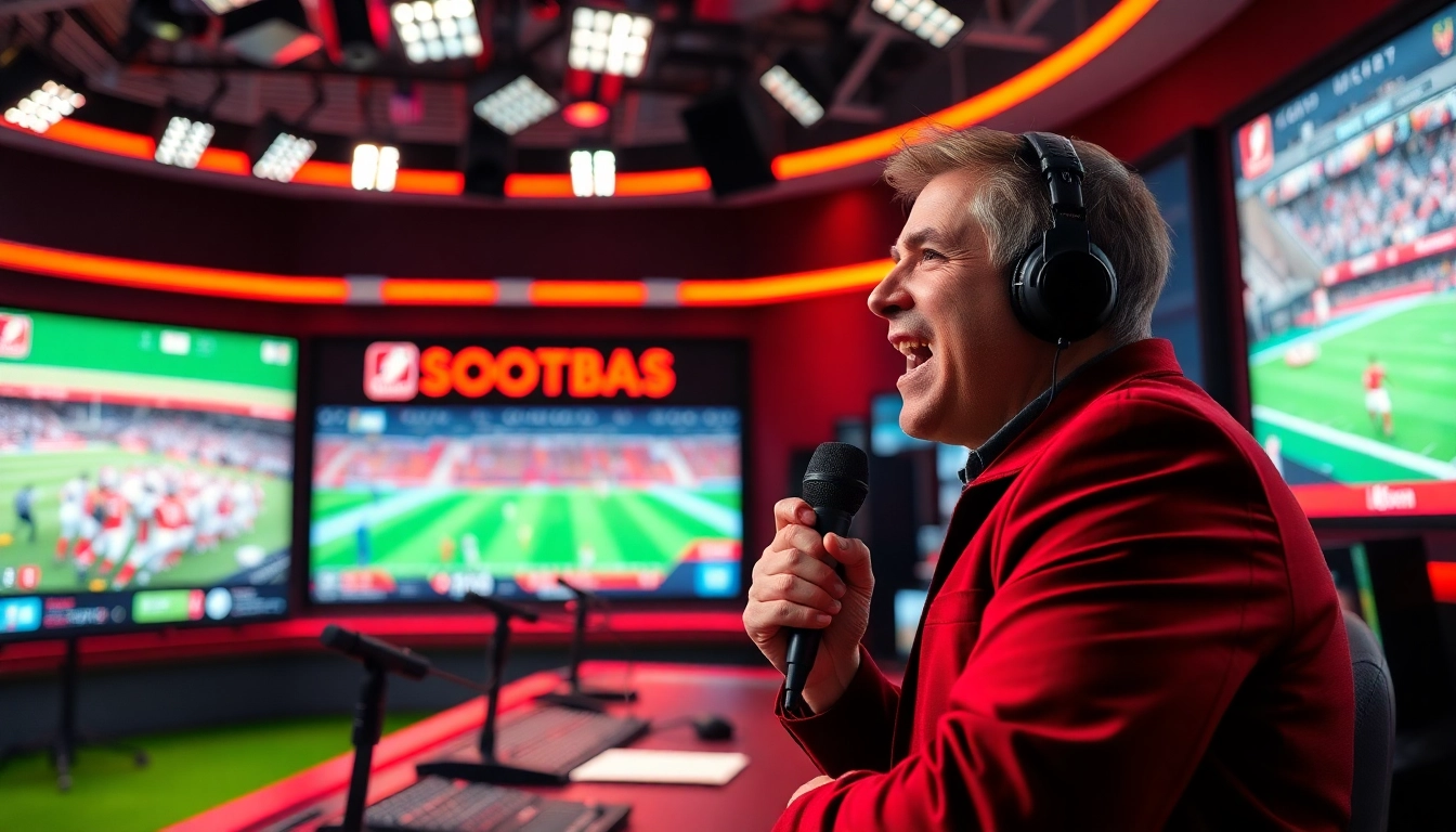 Engaging sports broadcasting scene showcasing a passionate announcer and live game visuals.