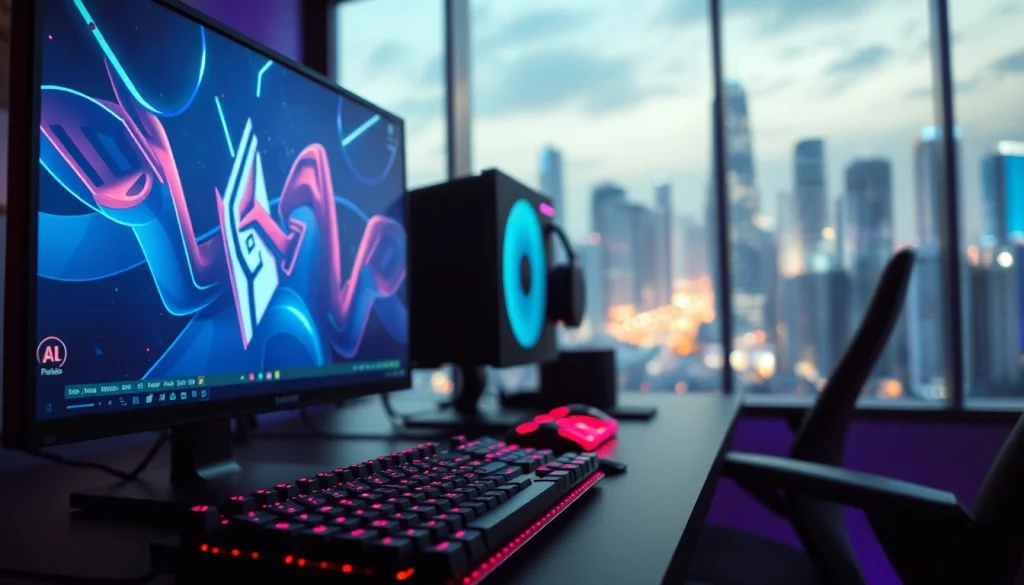 1win oyunçunun müasir gaming mühitində portret görüntüsü, rəngli LED işıqlandırma ilə.