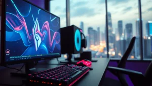 1win oyunçunun müasir gaming mühitində portret görüntüsü, rəngli LED işıqlandırma ilə.