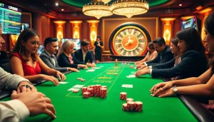 Experience thrilling gameplay at https://rr88.navy/ with players at a poker table in a vibrant casino setting.