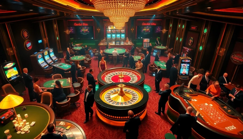 High-stakes excitement in a top club with players engaged at roulette tables and poker.