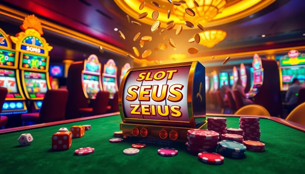 Play on the Slot Zeus machine, showcasing vibrant wins and cascading coins in a luxury casino.