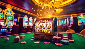 Play on the Slot Zeus machine, showcasing vibrant wins and cascading coins in a luxury casino.