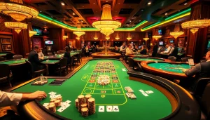 Engaging scene of cs2 gambling sites with vibrant gaming tables, colorful chips, and lively atmosphere.