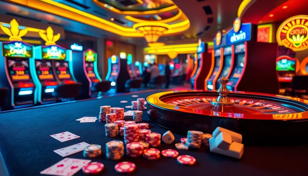 Engaging casino action with okwin branding, featuring poker chips, cards, and slot machines.