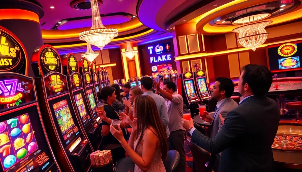 Mainkan permainan slot deposit pulsa yang seru dalam suasana kasino yang hidup penuh momen kemenangan.