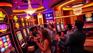 Mainkan permainan slot deposit pulsa yang seru dalam suasana kasino yang hidup penuh momen kemenangan.