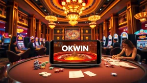 Experience the excitement of OKWIN ĐĂNG NHẬP in a luxurious casino setting featuring vibrant gaming tables and slot machines.