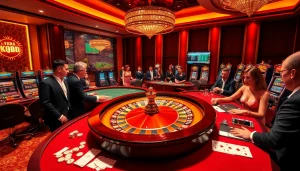 KQBD hôm nay highlighted alongside a vibrant casino scene with players at poker and roulette tables.
