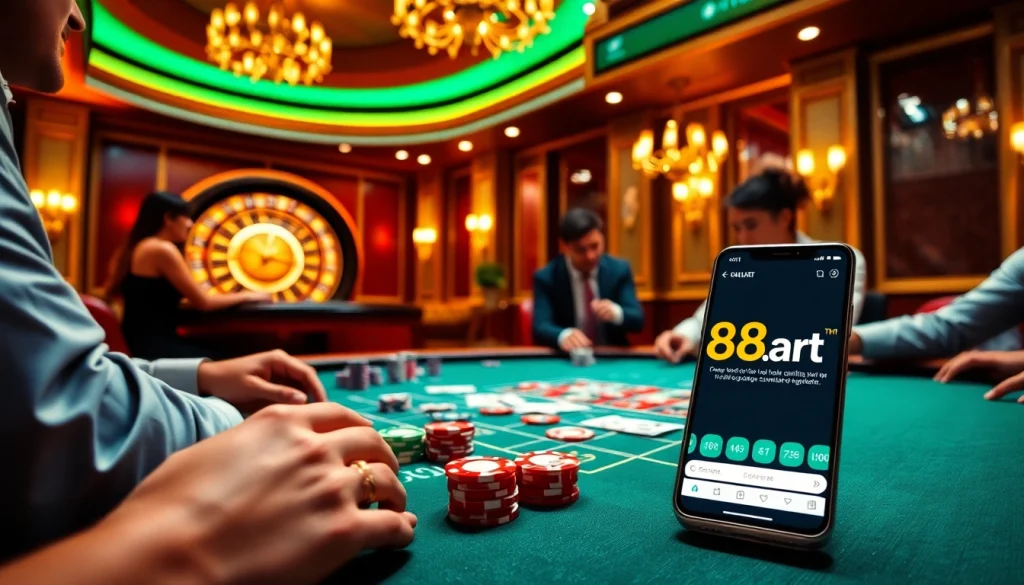 Experience excitement at 88t.art with a high-stakes poker scene featuring vibrant chips and cards.