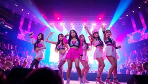 Blackpink news: Captivating concert scene with BLACKPINK members in vibrant outfits and exciting lighting.