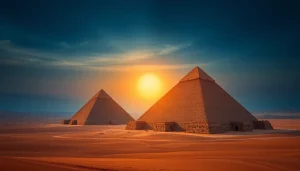 Pyraminds standing proudly against a sunset in Giza, showcasing their historical grandeur.