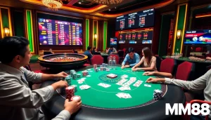 MM88 poker players engaged in a thrilling game amidst stacks of chips in a vibrant casino scene.