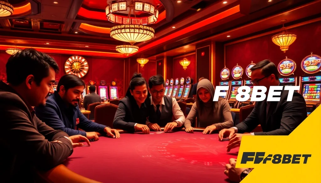F8BET casino scene with poker game, roulette wheel, and dazzling slot machines.