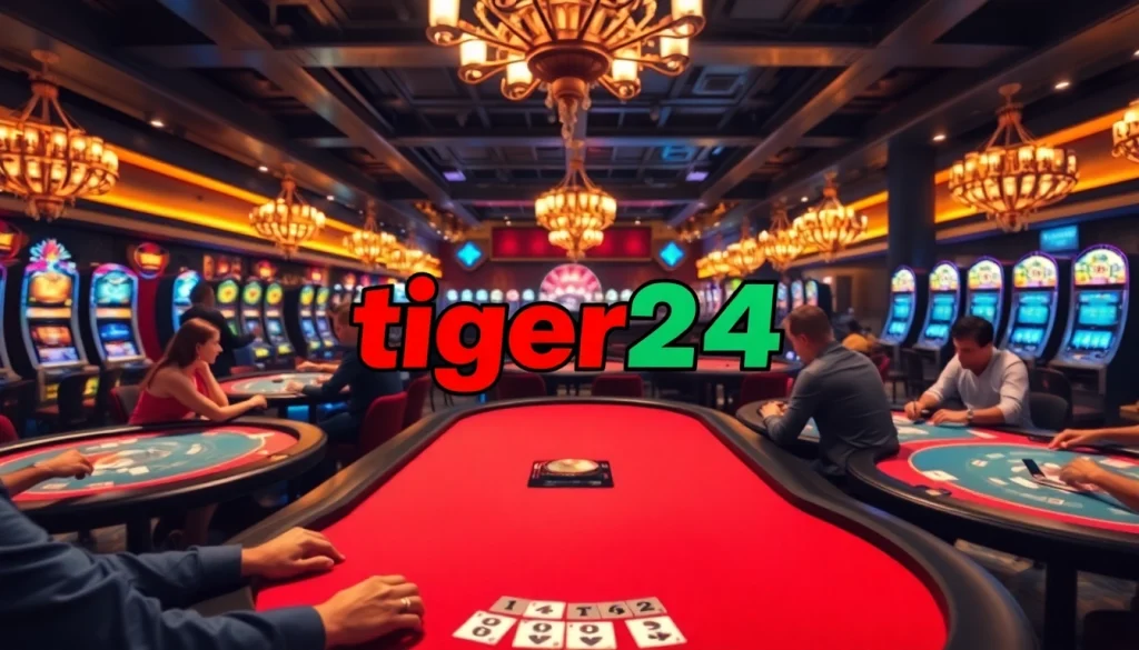 คาสิโนที่มีโลโก้ tiger24 บนโต๊ะเกมและผู้เล่นที่มีส่วนร่วมในเกมไพ่