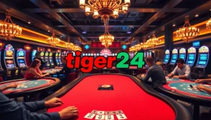 คาสิโนที่มีโลโก้ tiger24 บนโต๊ะเกมและผู้เล่นที่มีส่วนร่วมในเกมไพ่