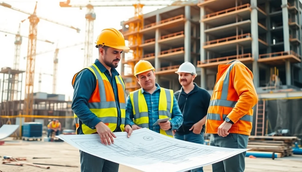 Construction workforce development team collaborating over blueprints on-site.