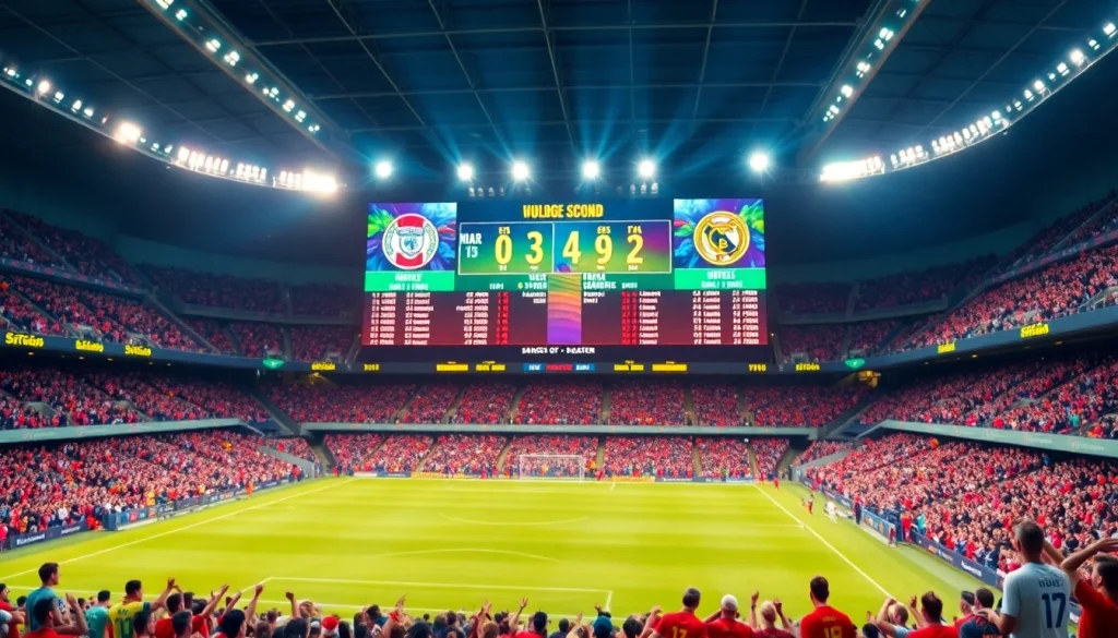 Real-time บ้านผลบอลสด displayed prominently on a vibrant soccer scoreboard in a bustling stadium.