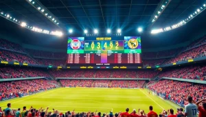 Real-time บ้านผลบอลสด displayed prominently on a vibrant soccer scoreboard in a bustling stadium.