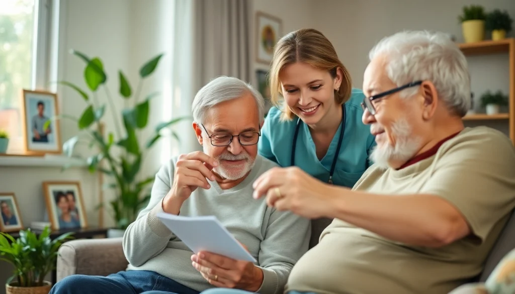 Engaging scene of senior care austin tx with caregiver and elderly man in a cozy living room.