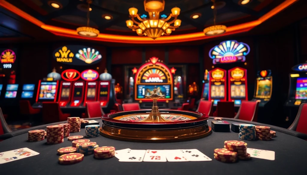 Exciting casino gaming scene featuring Man88 poker chips and cards on a vibrant table.