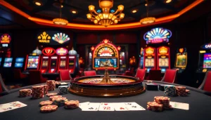 Exciting casino gaming scene featuring Man88 poker chips and cards on a vibrant table.