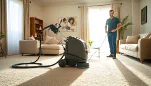 Carpet cleaners roseville ca technician expertly cleaning a carpet in a stylish living room.